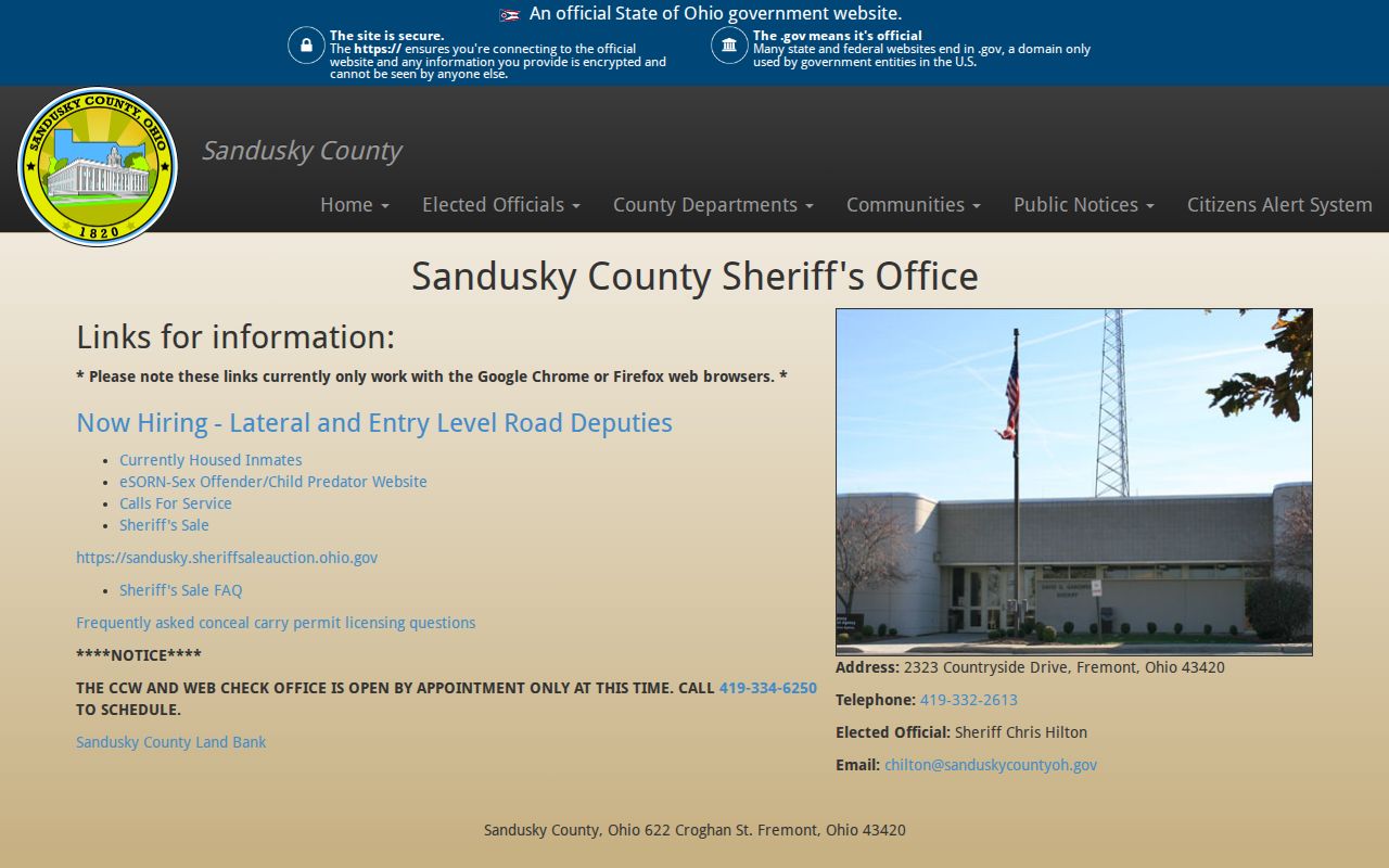 Sandusky County Jail release record source on the Sheriff's Office website