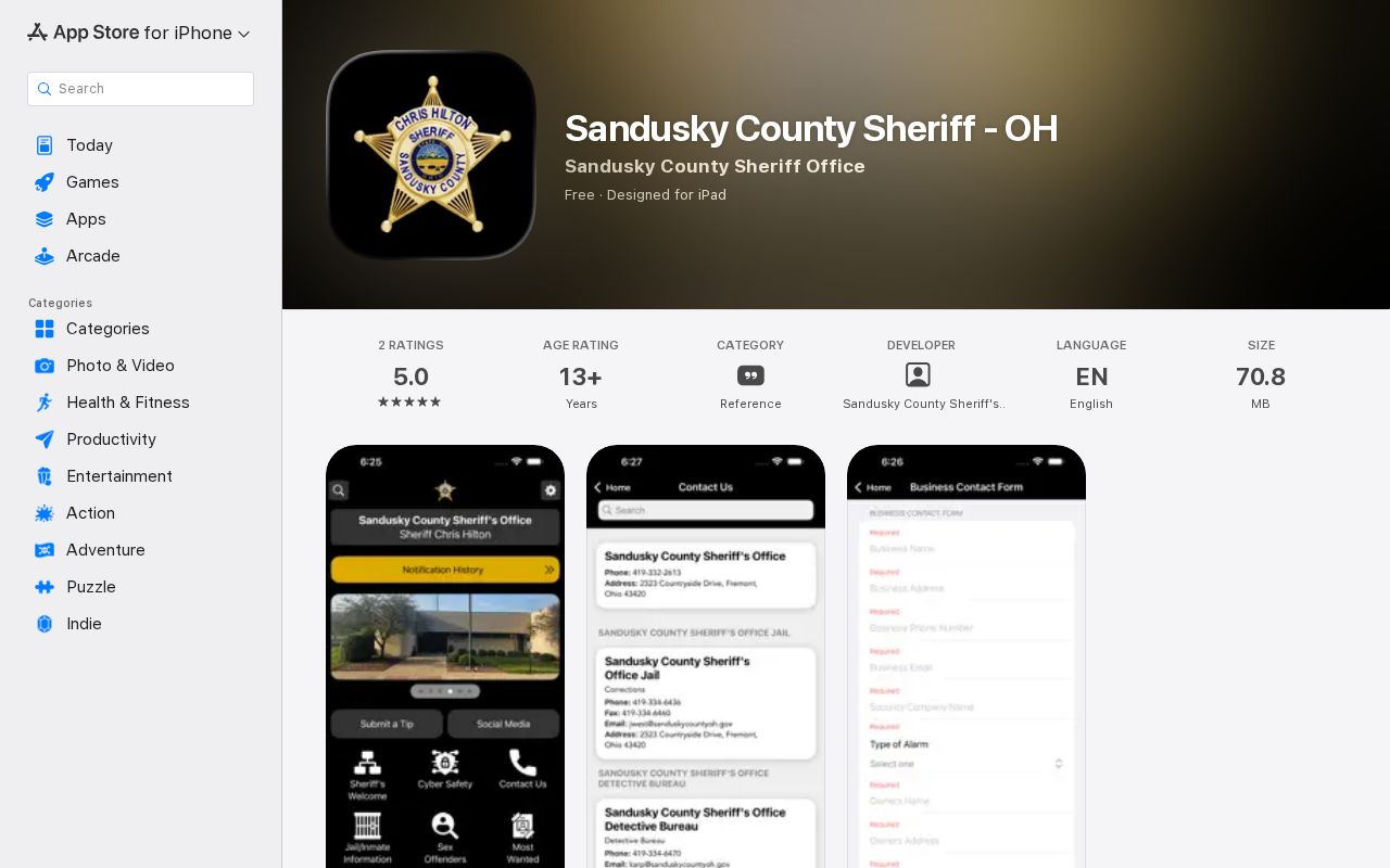 Sandusky County Sheriff app listing checked for 24-hour release features